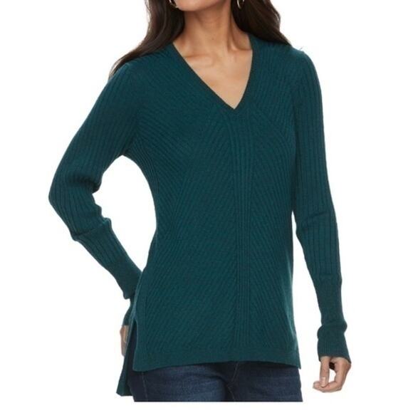 Apt. 9 V-neck Sweater Ribbed Sparkle Cable Knit Long Sleeve green Size Small - Picture 3 of 8